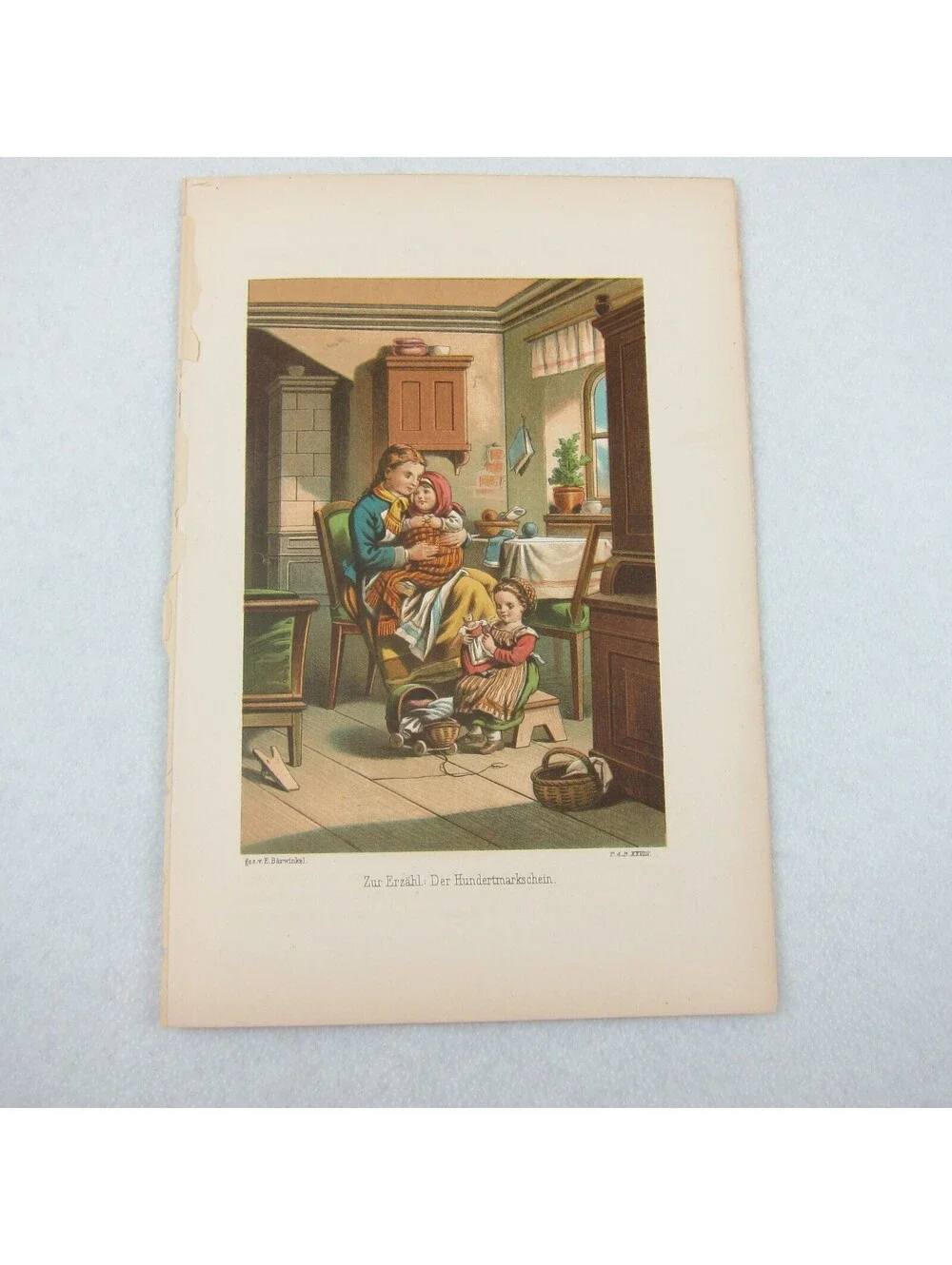 Antique Color Lithograph Print Mother Holds Baby Girl Plays Doll 1800s Art RARE